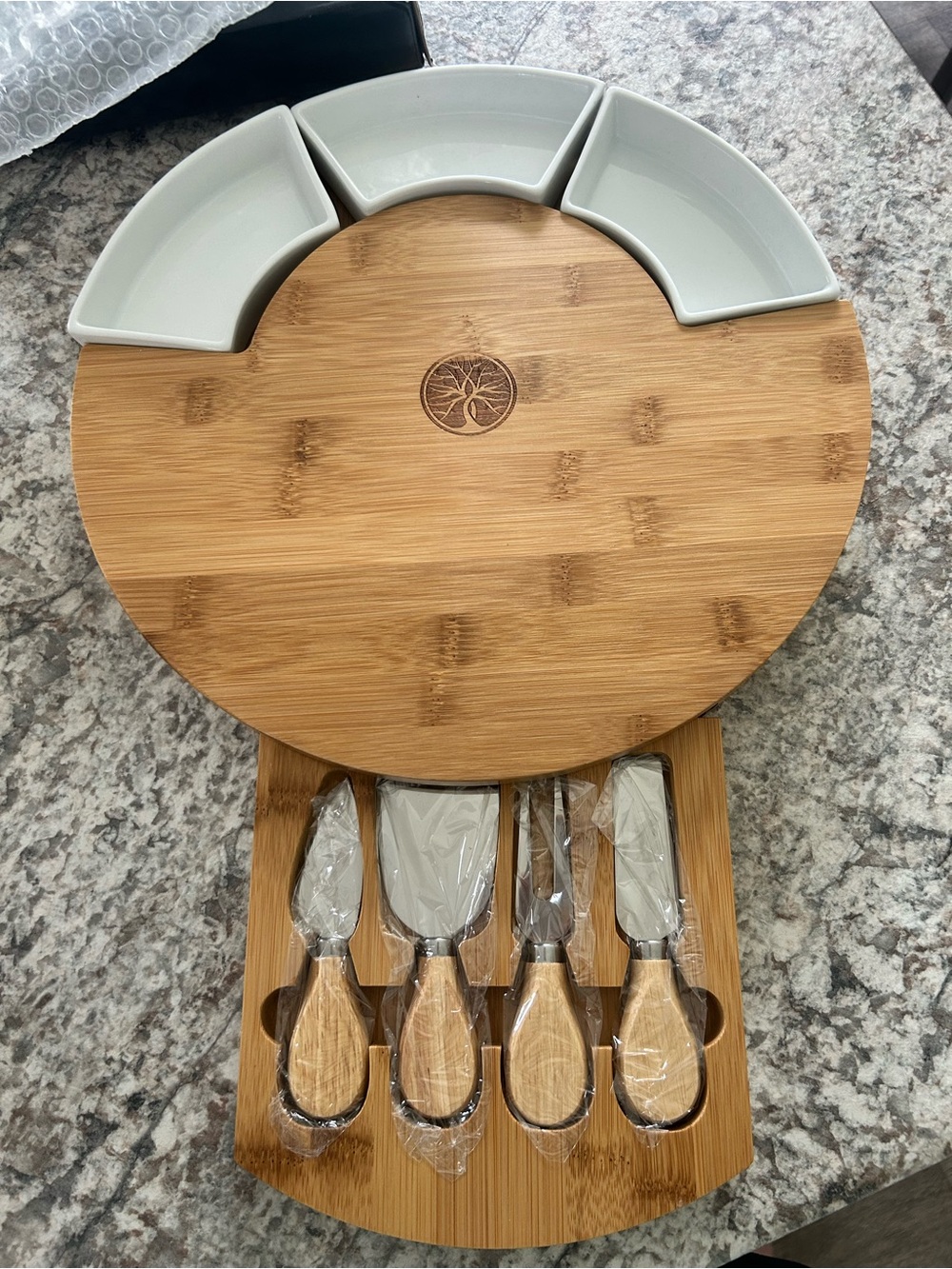 Bamboo Cheese Board Set with White Dipping Bowls and Knives